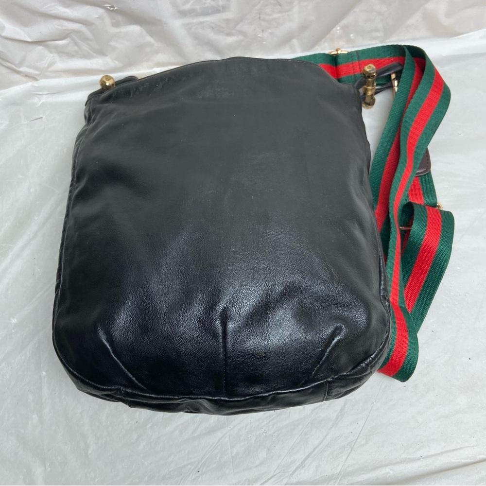 Vintage Gucci Italy Black Leather Drawstring Pouch w/Sherry Line Crossbody Strap - Picture 4 of 12